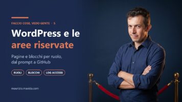 Area riservata WordPress: Maurizio Pelizzone a braccia conserte dietro un cordone di velluto rosso, come un buttafuori (immagine generata con l'intelligenza artificiale)