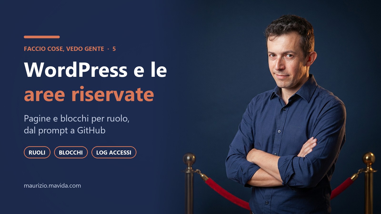 Area riservata WordPress: Maurizio Pelizzone a braccia conserte dietro un cordone di velluto rosso, come un buttafuori (immagine generata con l'intelligenza artificiale)
