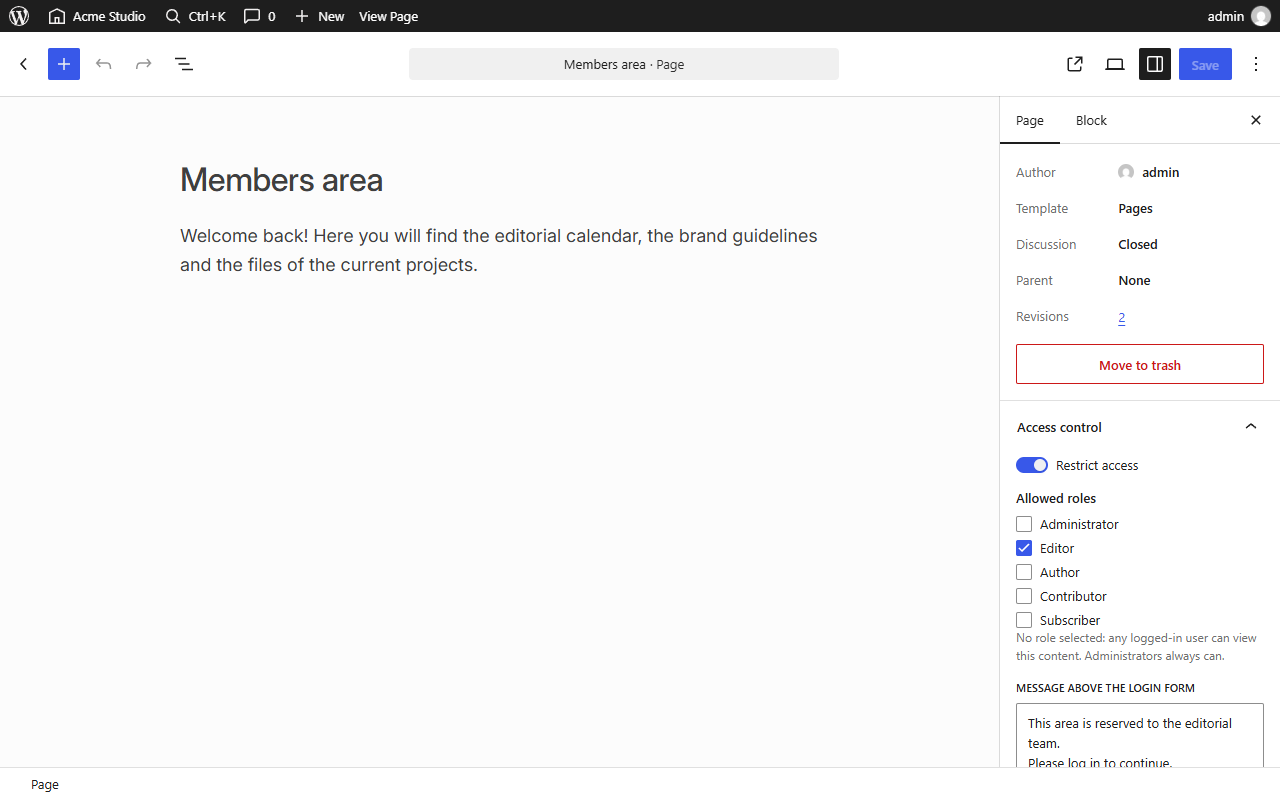 Area riservata WordPress: il pannello Access control nell'editor a blocchi, con la protezione attiva, il ruolo editor e il messaggio sopra il form