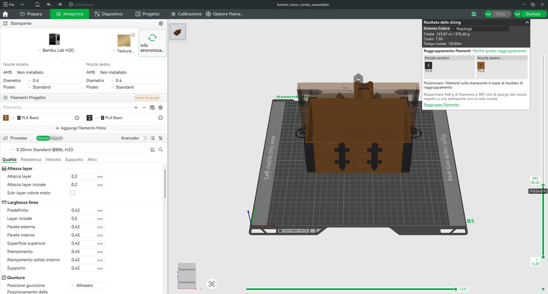 Anteprima dello slicing in Bambu Studio con tempo di stampa, peso del filamento e cursore dei layer