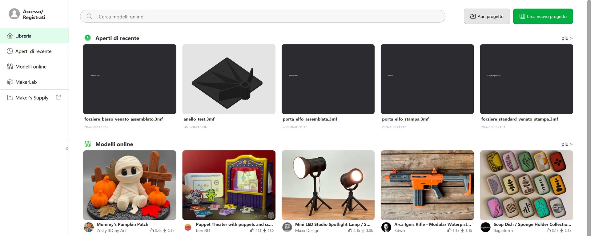 Pagina iniziale di Bambu Studio con i progetti recenti e i modelli online di MakerWorld