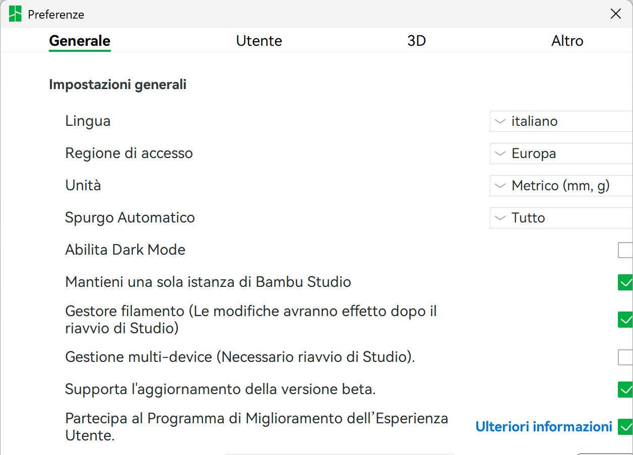 Preferenze di Bambu Studio con la lingua impostata su italiano