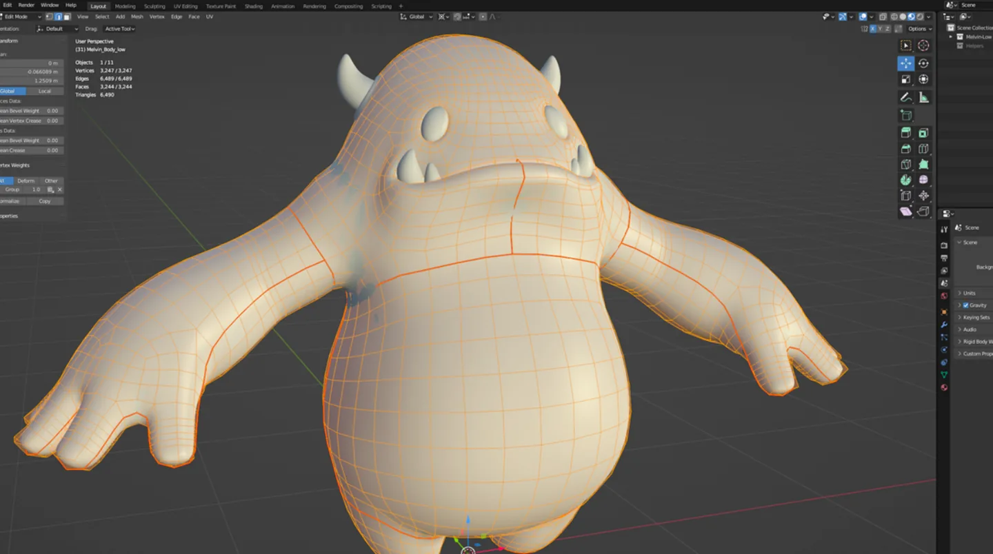 Blender in modalità Edit con la mesh di un personaggio modellato in modo organico