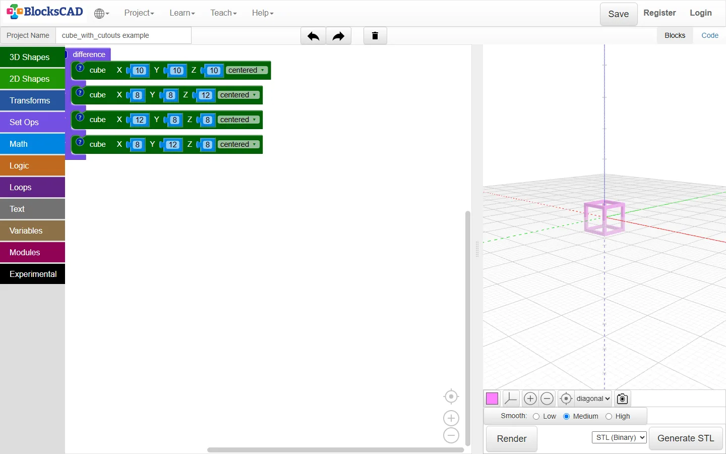 Editor di BlocksCAD nel browser con i blocchi difference e cube e l'anteprima 3D del modello
