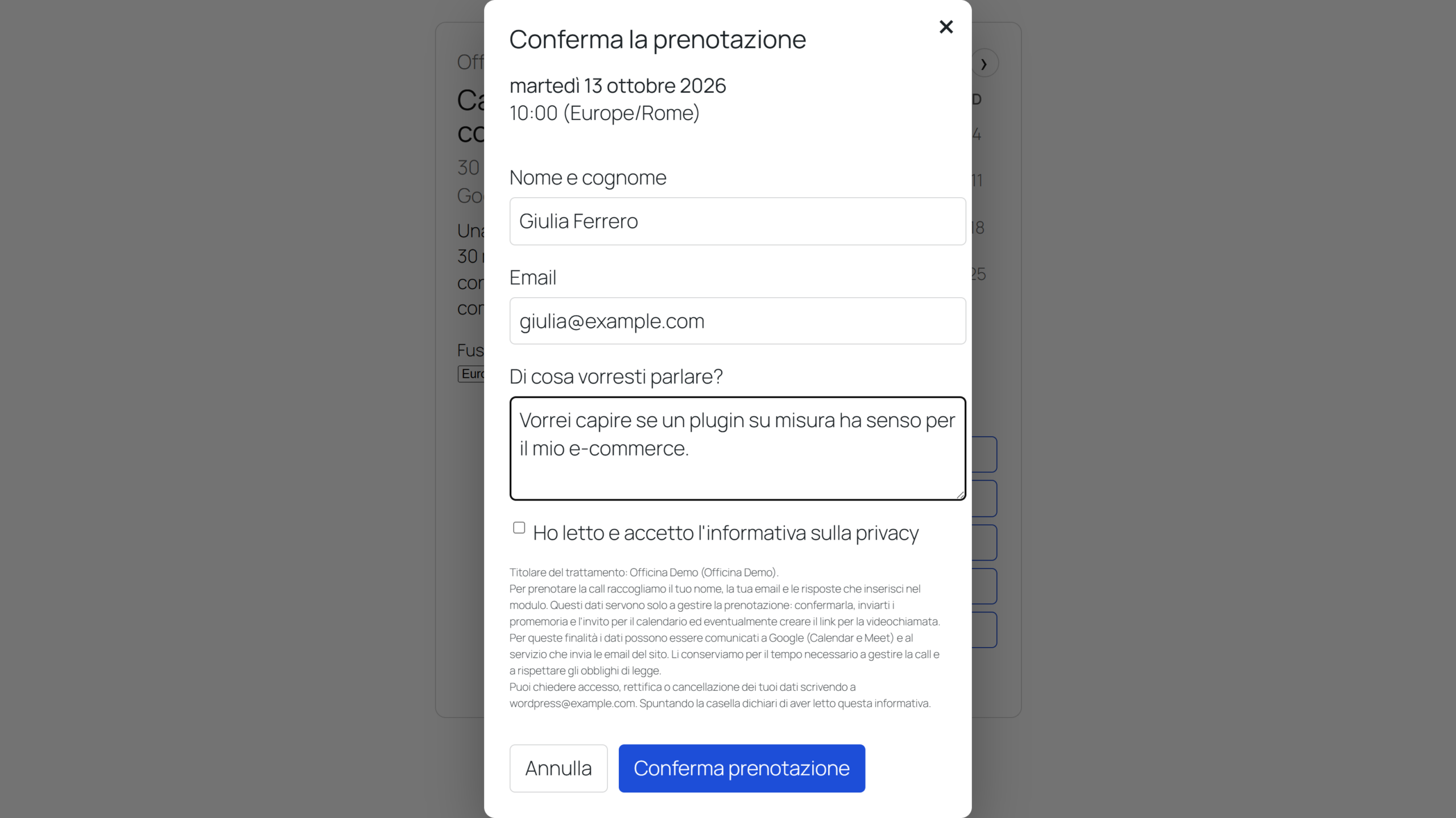 La modale di prenotazione di Book a Call con riepilogo di giorno e ora, domande personalizzate e consenso privacy