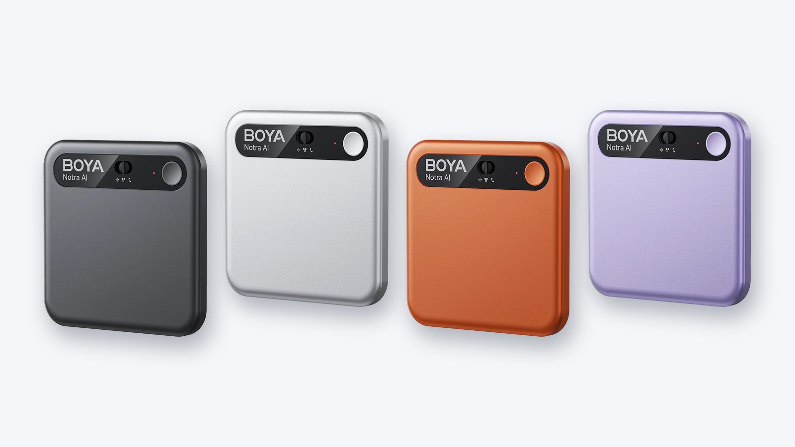 Il BOYA Notra nei quattro colori ufficiali: nero, argento, Cosmic Orange e viola