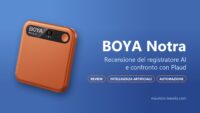 BOYA Notra arancione su sfondo blu, copertina della recensione del registratore AI e del confronto con Plaud, con i tag review, intelligenza artificiale e automazione