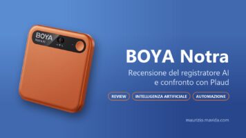 BOYA Notra arancione su sfondo blu, copertina della recensione del registratore AI e del confronto con Plaud, con i tag review, intelligenza artificiale e automazione