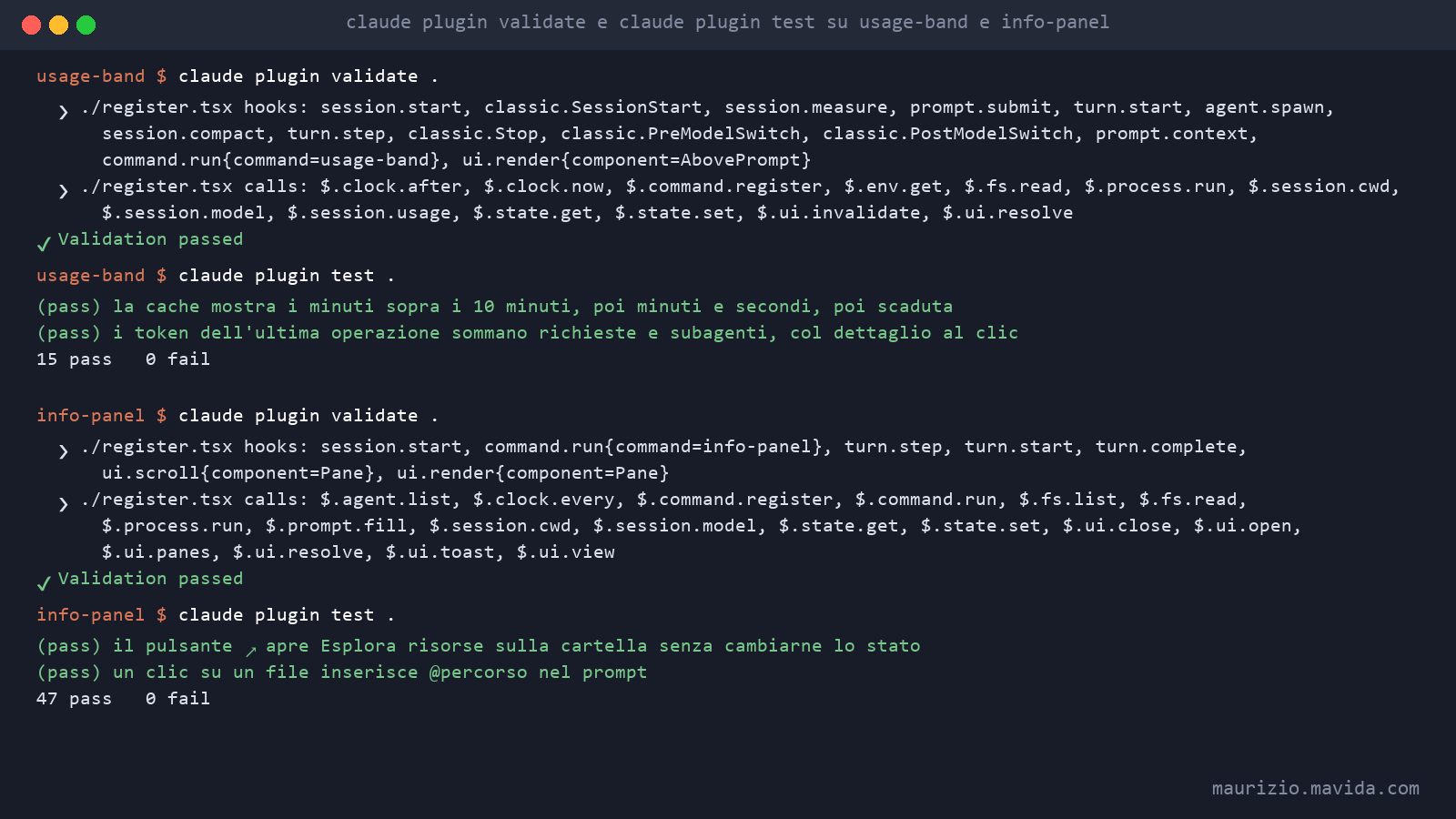 Mod di Claude Code: una barra sopra il prompt e un pannello laterale 6 Terminale con l'output di claude plugin validate e claude plugin test su due mod di Claude Code: hook rilevati, chiamate all'API, quindici test superati per usage-band e quarantasette per info-panel