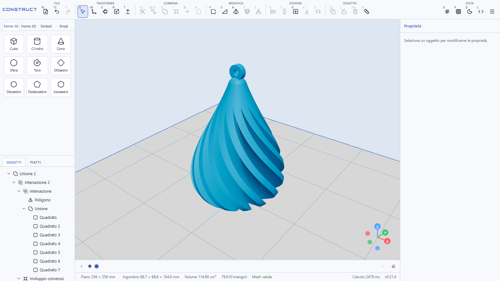 Construct, il CAD online per la stampa 3D 1 Interfaccia di Construct, un CAD 3D online nel browser: pendente a spirale ottenuto importando un file OpenSCAD, con albero degli oggetti e misure in millimetri