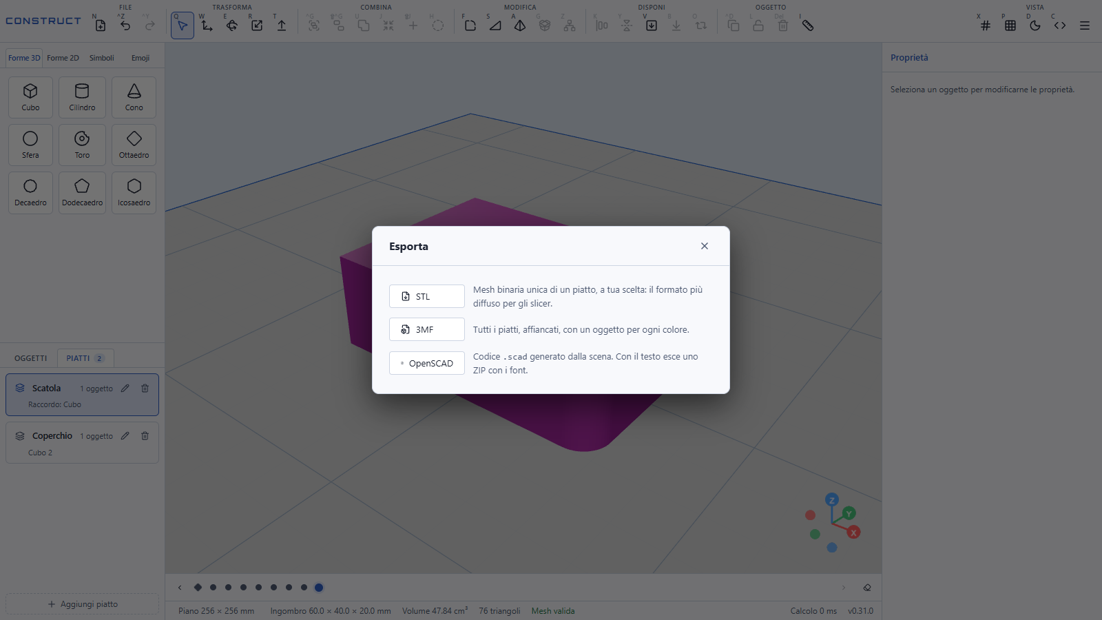 Construct, il CAD online per la stampa 3D 3 Finestra Esporta di Construct con i tre formati: STL di un piatto, 3MF con tutti i piatti affiancati e codice OpenSCAD