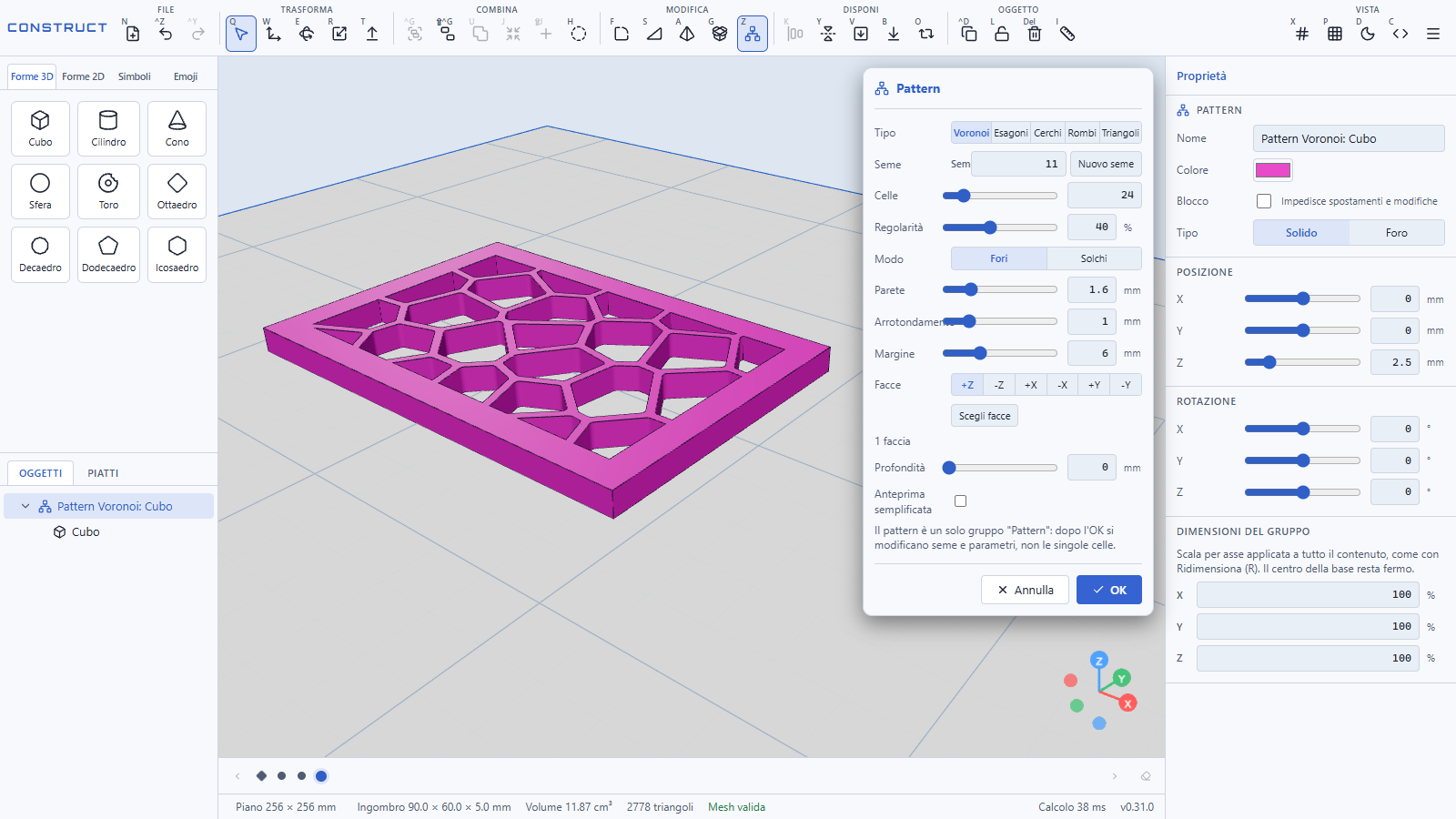 Construct, il CAD online per la stampa 3D 2 Strumento Pattern di Construct: una piastra di 90 per 60 millimetri forata con celle Voronoi casuali, con seme, parete e arrotondamento regolabili