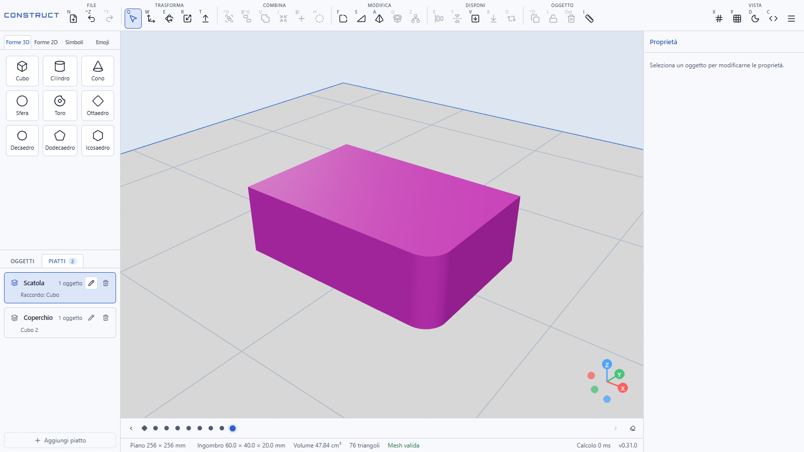 Construct, il CAD online per la stampa 3D 6 Scheda Piatti di Construct con due piatti di stampa, Scatola e Coperchio, e la scatola con uno spigolo raccordato nella vista 3D