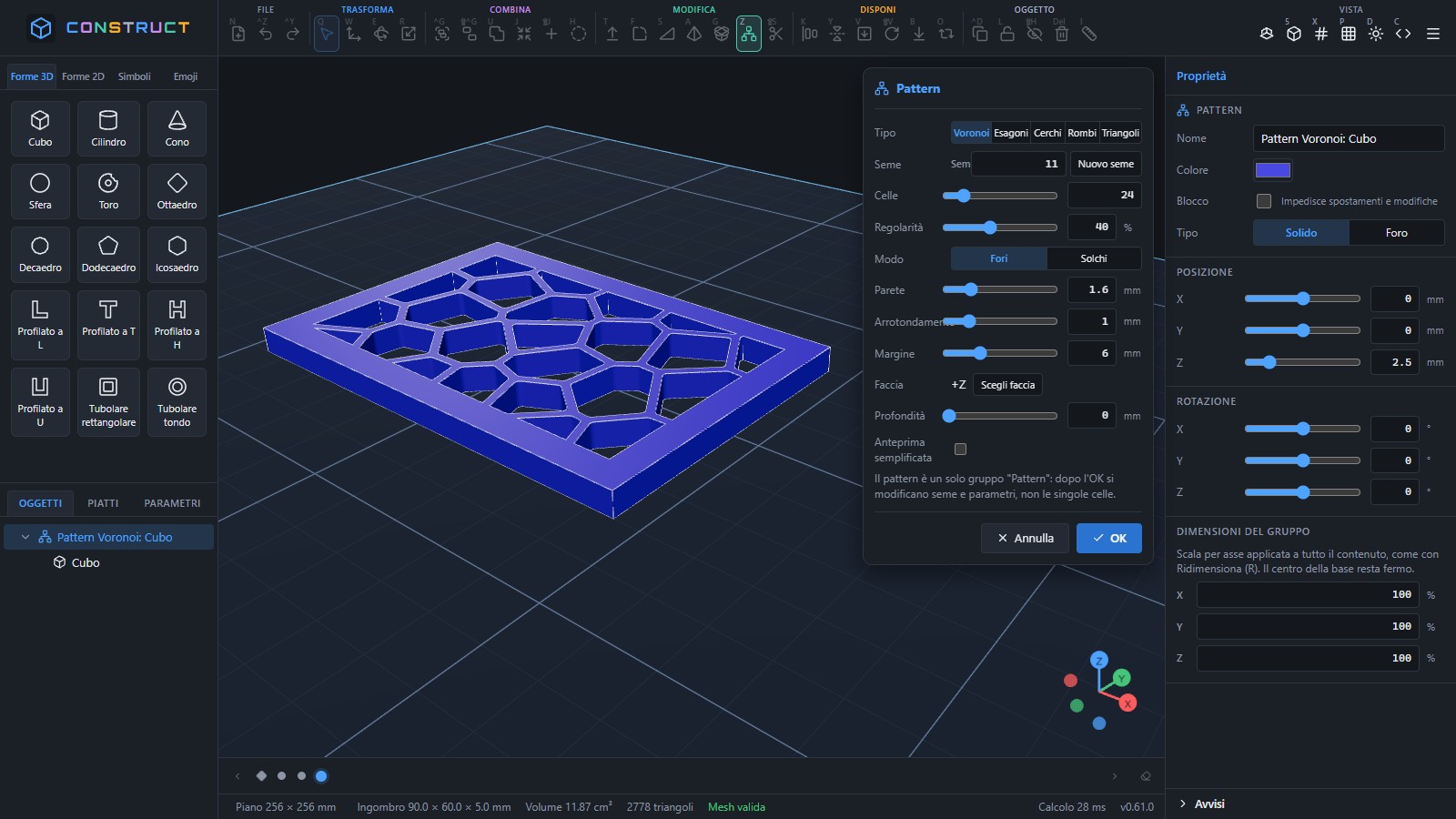 Construct, uno dei programmi 3D gratuiti, nel tema scuro: pattern Voronoi con 24 celle su una piastra di 90 per 60 millimetri e pannello Pattern aperto