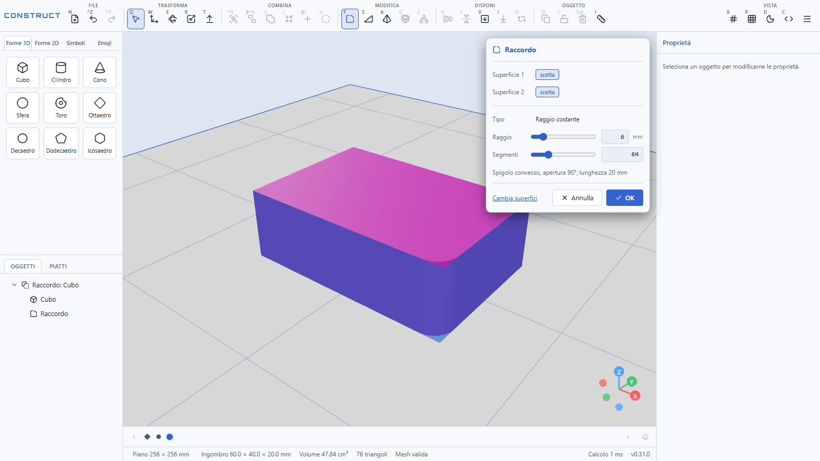 Construct, il CAD online per la stampa 3D 5 Strumento Raccordo di Construct, CAD 3D online: due superfici scelte, raggio di 6 millimetri e spigolo arrotondato con anteprima dal vivo