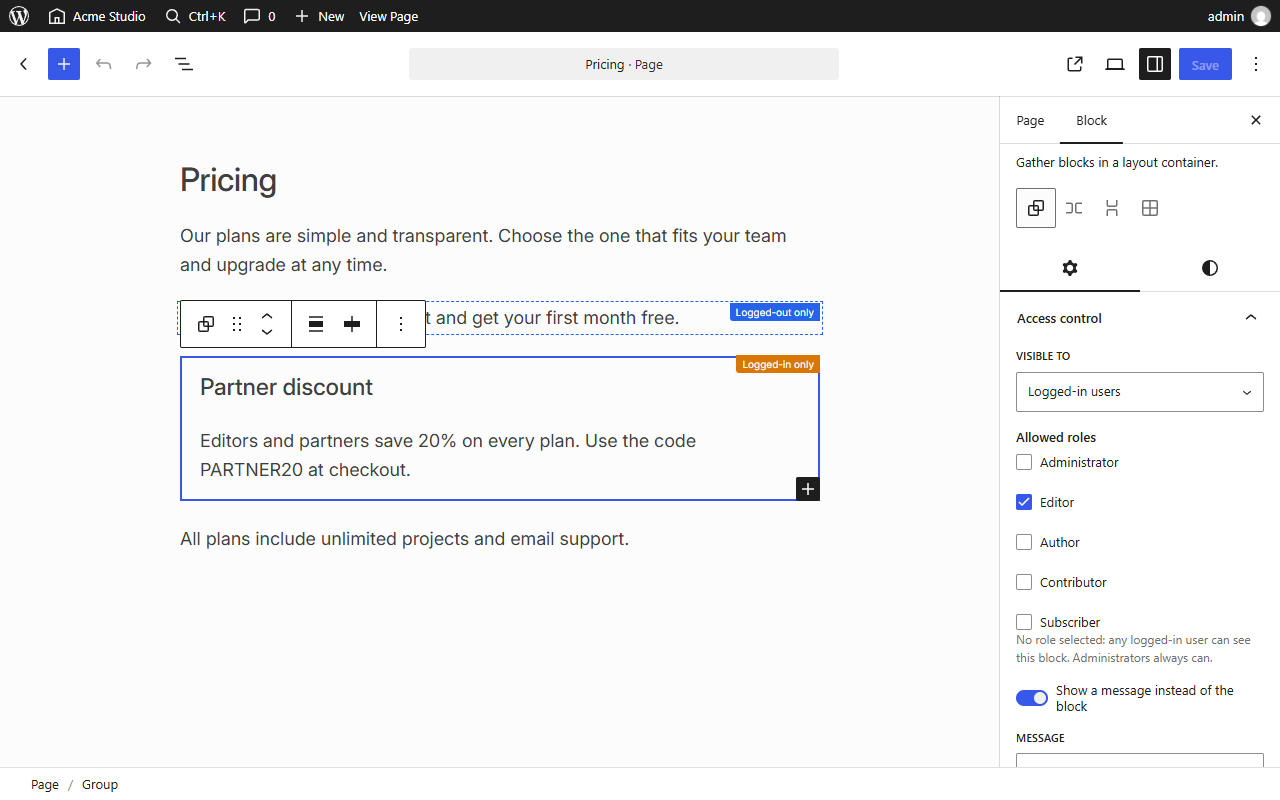 Controllo degli accessi per singolo blocco Gutenberg: un gruppo visibile solo agli utenti loggati con ruolo editor, con gli indicatori nell'editor
