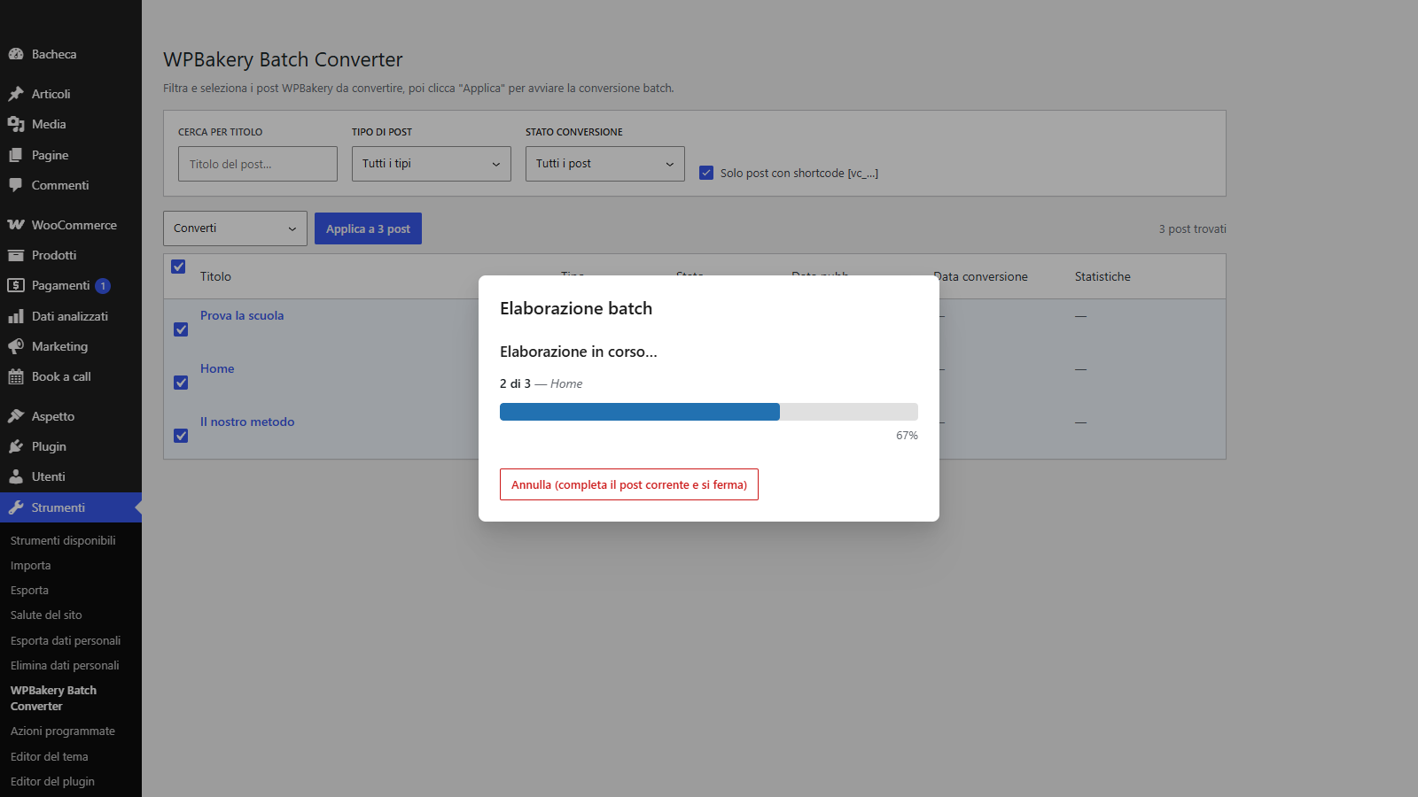 La pagina WPBakery Batch Converter sotto Strumenti: tabella delle pagine con filtri, stato e azioni di gruppo per convertire da WPBakery a Gutenberg
