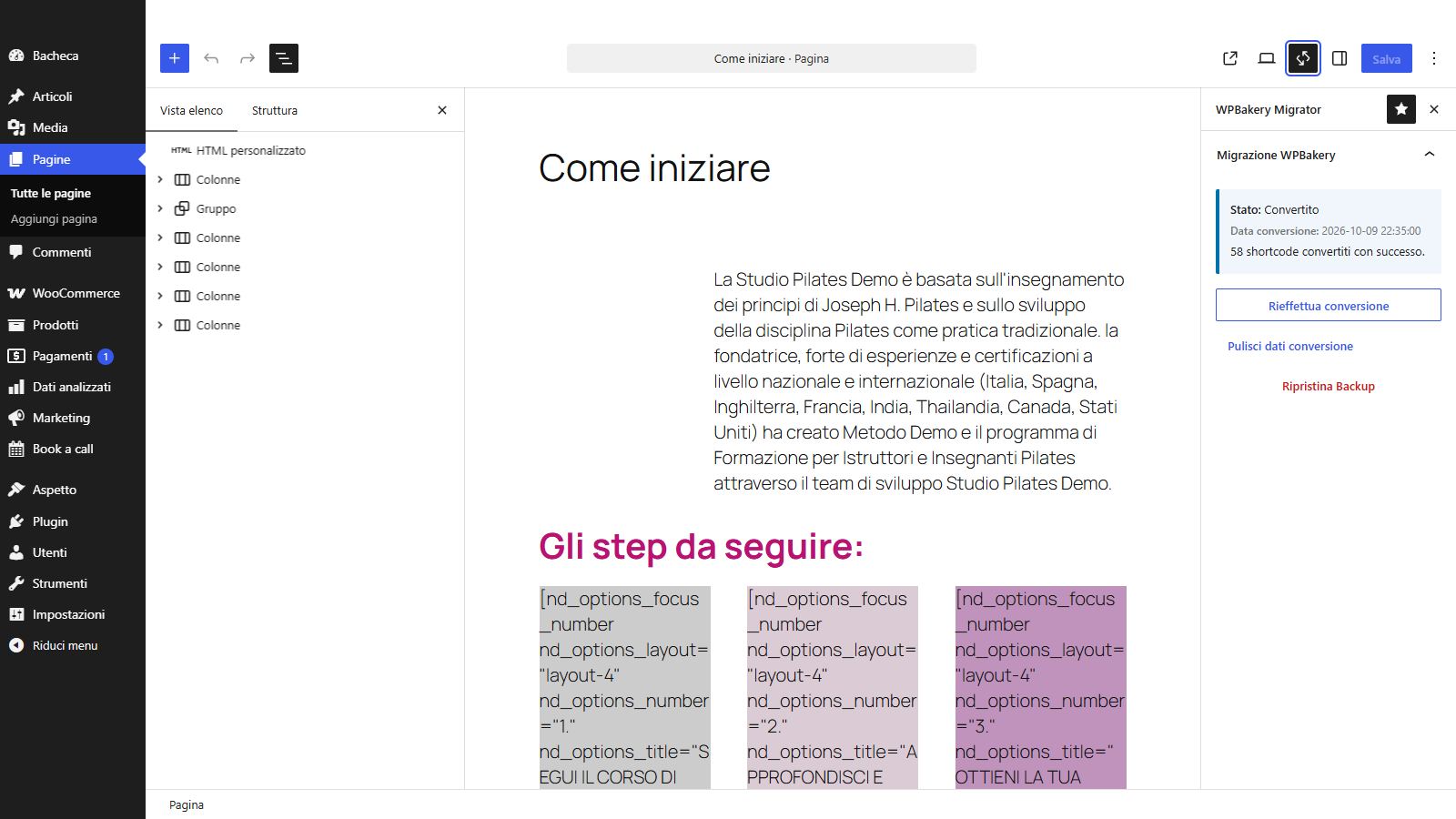La stessa pagina dopo la conversione da WPBakery a Gutenberg: colonne, titoli e paragrafi nativi nella vista elenco dell'editor