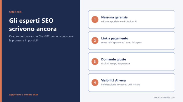 Gli esperti SEO scrivono ancora: ora promettono anche ChatGPT 1 Infografica sulle email degli esperti SEO che promettono visibilità su Google e ChatGPT: nessuna garanzia, link a pagamento, domande giuste, visibilità AI vera