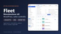 Fleet, la manutenzione siti WordPress da un unico cruscotto: copertina con la tabella dei siti, gli indicatori e la barra laterale