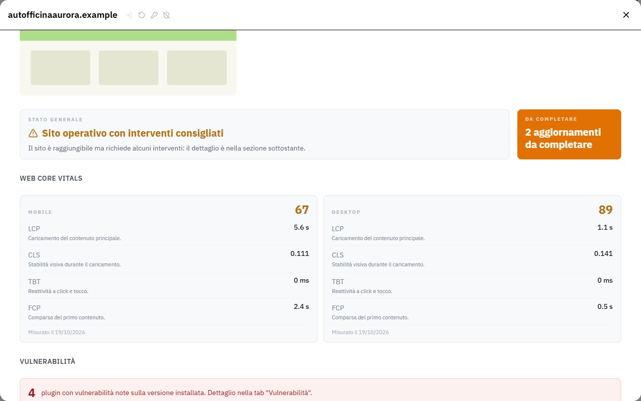 Report PDF di Fleet con stato generale, Web Core Vitals e vulnerabilità di un sito WordPress