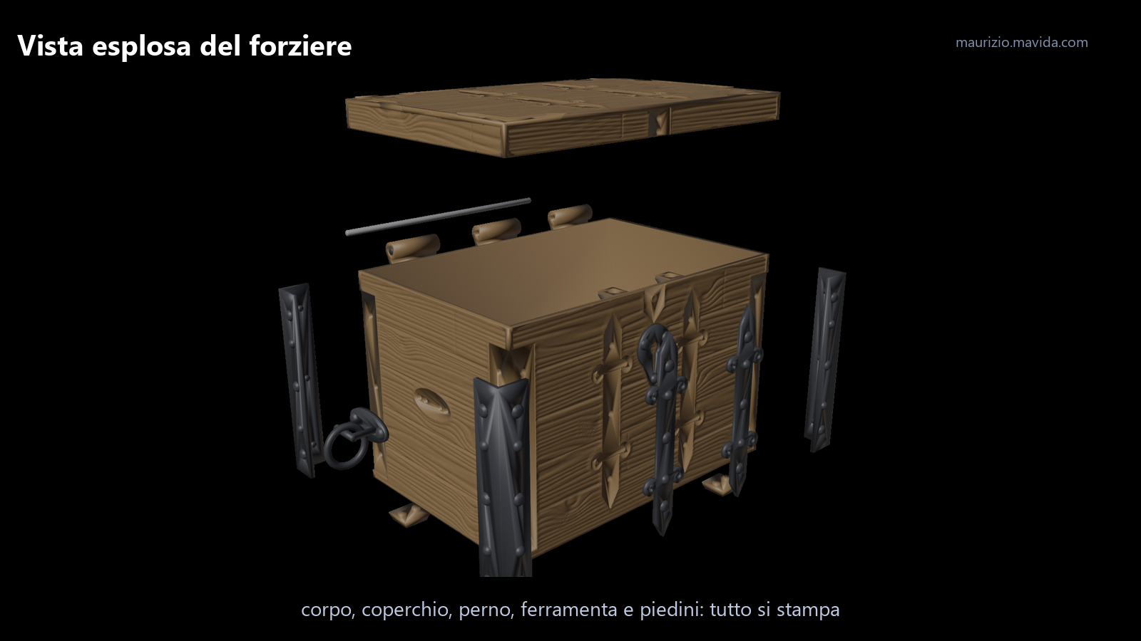 Generare oggetti 3D con Blender MCP 4 Vista esplosa del forziere medievale: corpo, coperchio, perno della cerniera, ferramenta e piedini, tutti stampabili in 3D