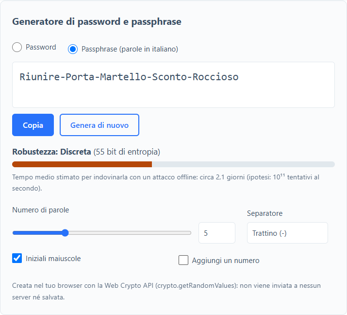 Il generatore di passphrase in italiano con cinque parole, separatore, iniziali maiuscole e indicatore di robustezza in bit