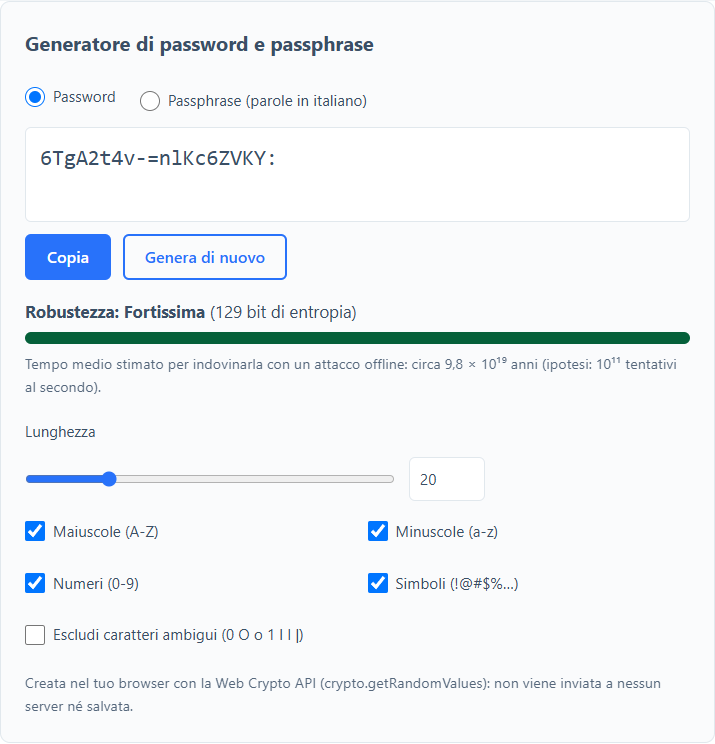 Generatore password online in modalità password: lunghezza 20, maiuscole, minuscole, numeri e simboli, indicatore di robustezza e pulsante Copia