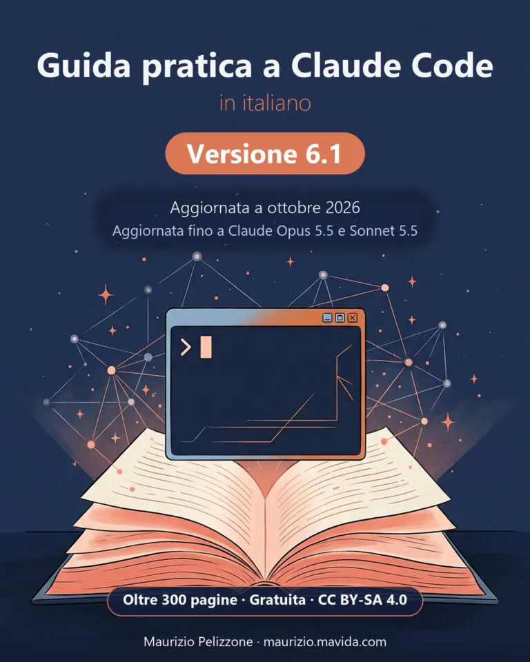 Guida a Claude Code in italiano v6.1 1 Infografica della Guida pratica a Claude Code in italiano, versione 6.1 aggiornata a ottobre 2026 fino a Claude Opus 5.5 e Sonnet 5.5: oltre 300 pagine, gratuita, licenza CC BY-SA 4.0