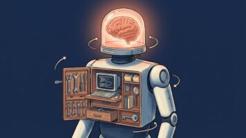 Harness AI: perché lo stesso cervello rende diverso in un corpo diverso 2 Illustrazione di un robot con un cervello luminoso in una cupola di vetro e il torace aperto come un armadio pieno di attrezzi, metafora del modello AI dentro il suo harness