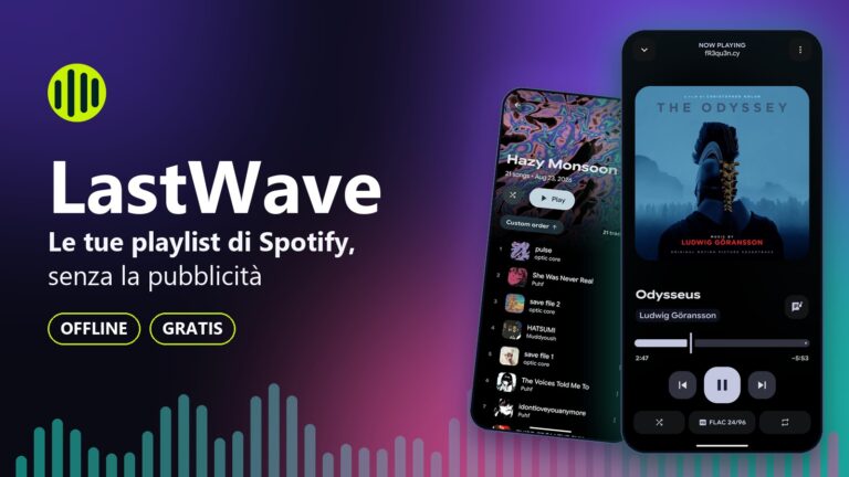LastWave, un'alternativa a Spotify: copertina con l'app su due telefoni e un equalizzatore colorato
