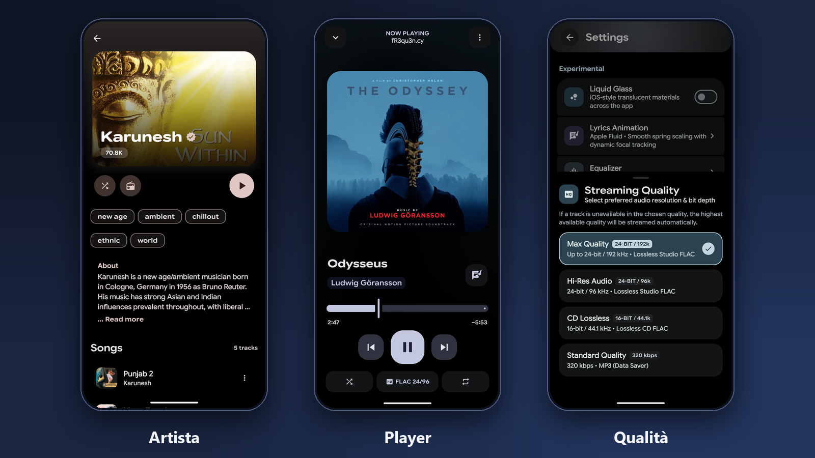 Tre schermate di LastWave: la pagina di un artista, il player con i controlli e la scelta della qualità di streaming