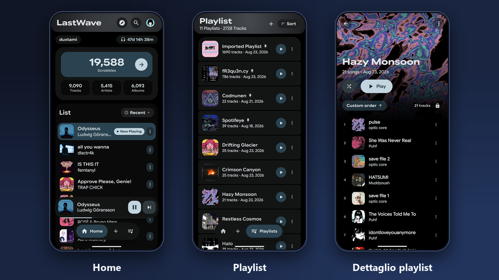 Tre schermate di LastWave, alternativa a Spotify per Android: la home, la lista delle playlist e il dettaglio di una playlist