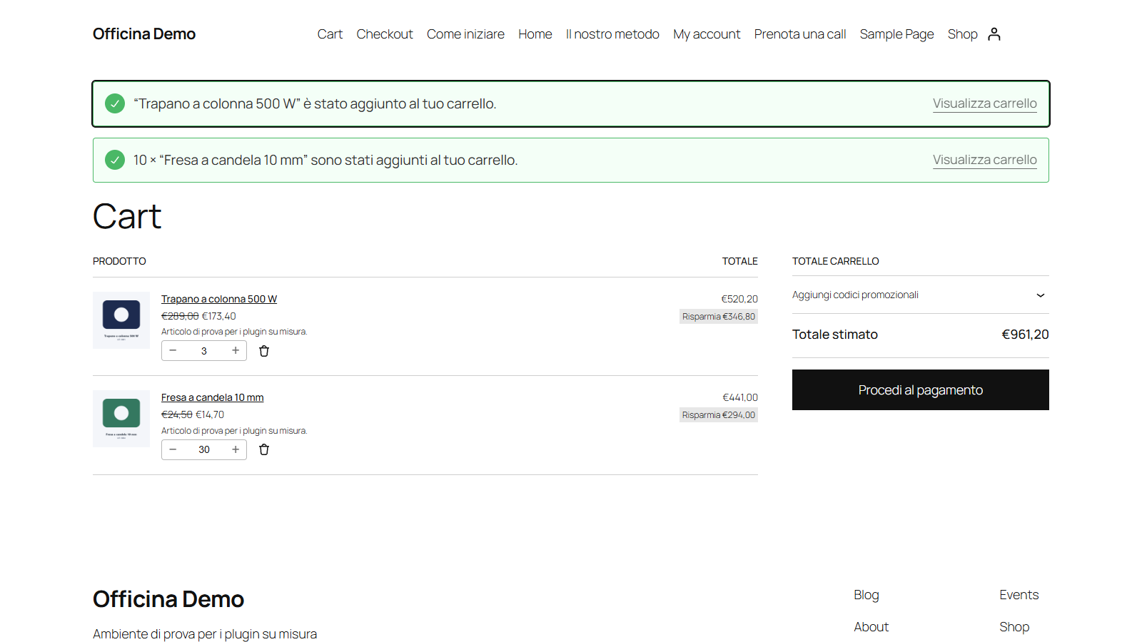 WooCommerce e listini prezzi del gestionale per clienti B2B 4 Il carrello WooCommerce di un cliente con listino L40, con i prezzi di riga e i totali ricalcolati sui listini prezzi