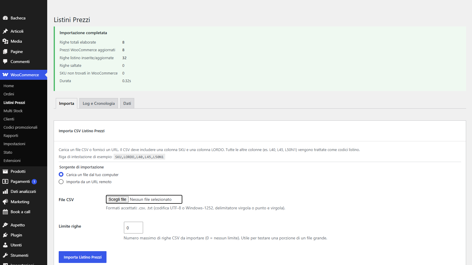 WooCommerce e listini prezzi del gestionale per clienti B2B 2 La scheda Import dei listini prezzi: file o URL, numero massimo di righe e il report con righe lette, prezzi aggiornati e SKU non trovati
