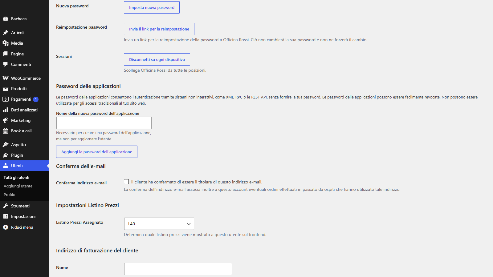 WooCommerce e listini prezzi del gestionale per clienti B2B 3 Il campo Listino assegnato nel profilo utente di WordPress con i codici dei listini prezzi