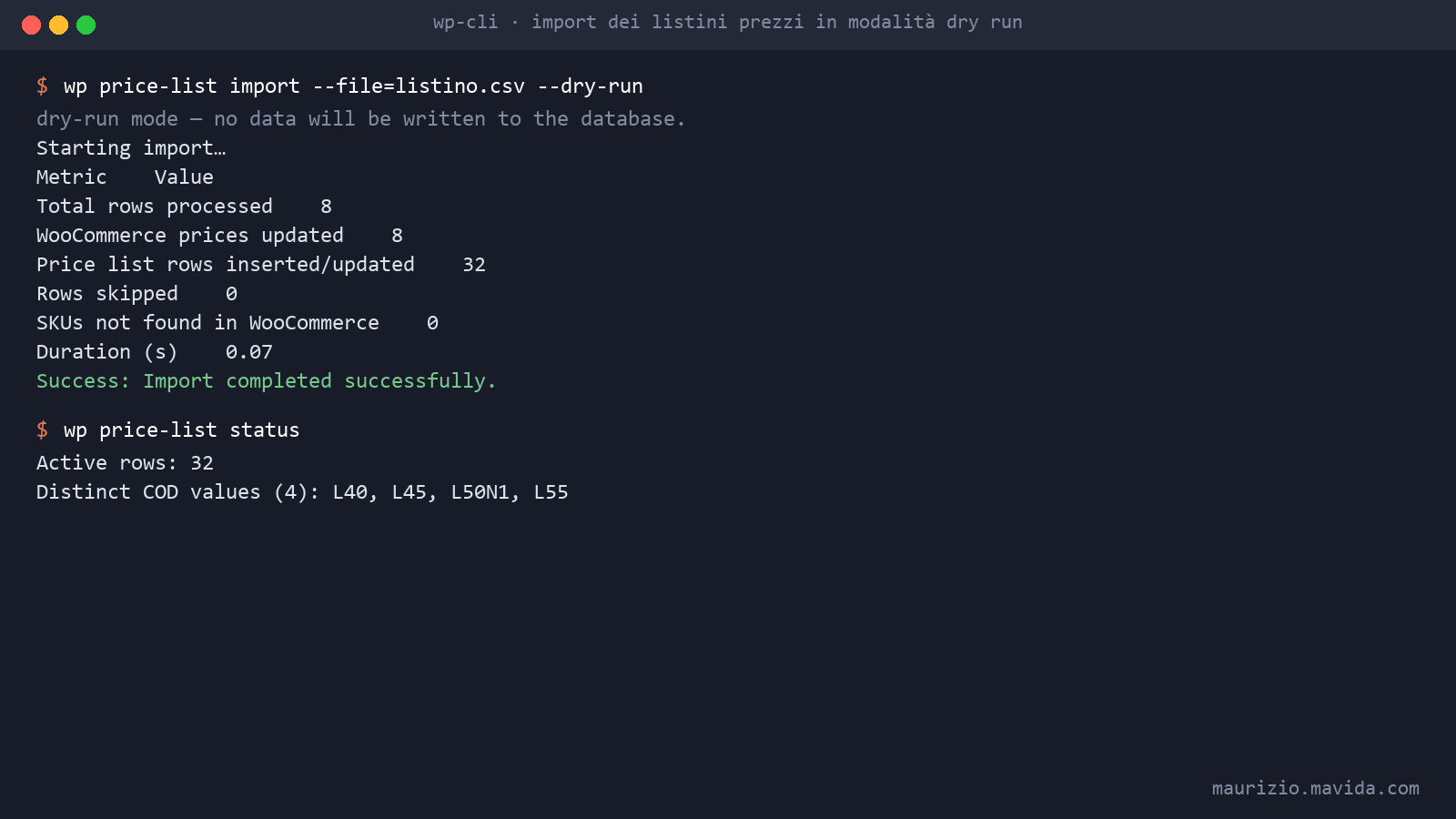 WooCommerce e listini prezzi del gestionale per clienti B2B 5 Il comando WP-CLI di import dei listini prezzi in modalità dry run con barra di avanzamento e tabella riassuntiva