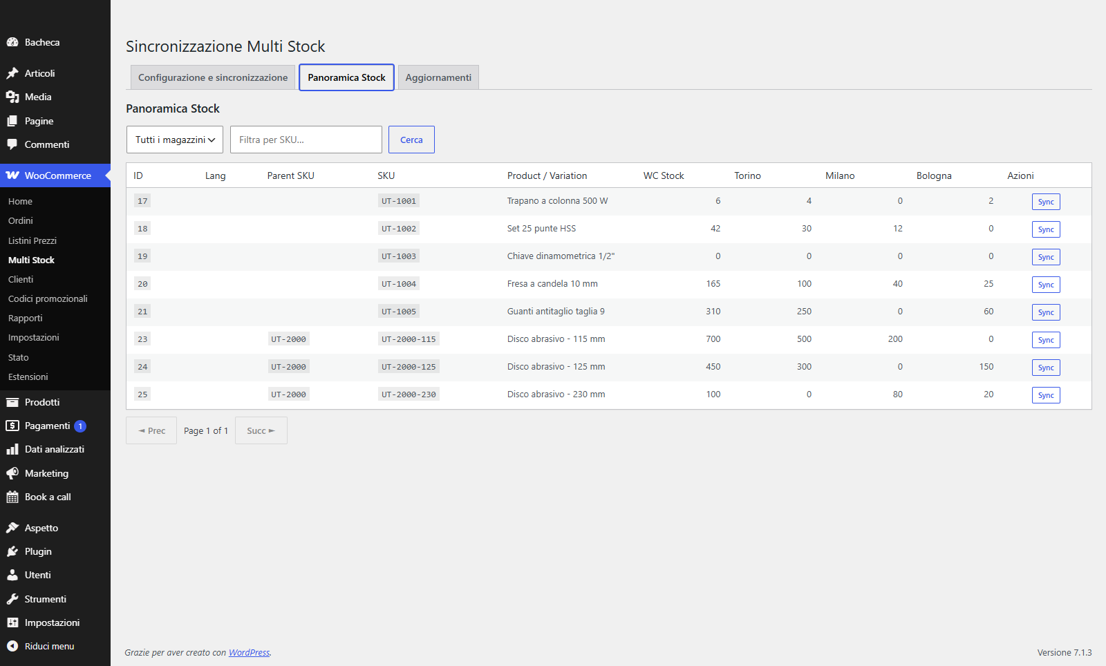 WooCommerce: multi magazzino e giacenze da CSV 2 La Panoramica Stock del multi magazzino: SKU, stock nativo e una colonna per deposito, con ricerca e Sync per riga