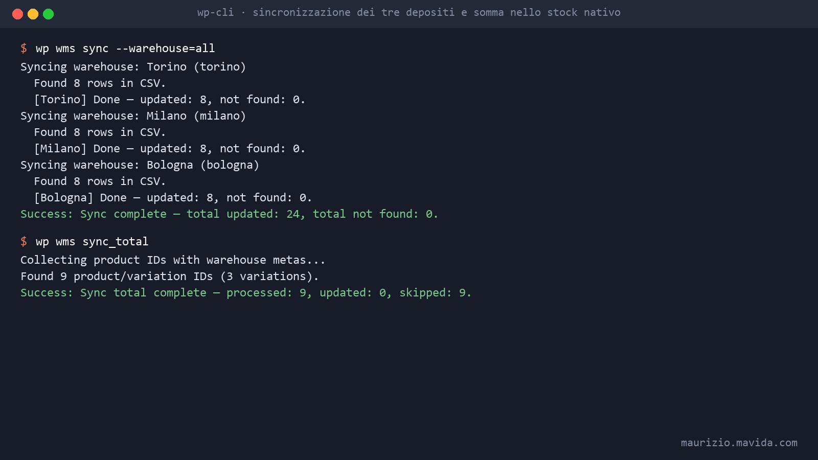 WooCommerce: multi magazzino e giacenze da CSV 4 I comandi WP-CLI del multi magazzino WooCommerce nel terminale: sincronizzazione dei depositi e somma nello stock nativo
