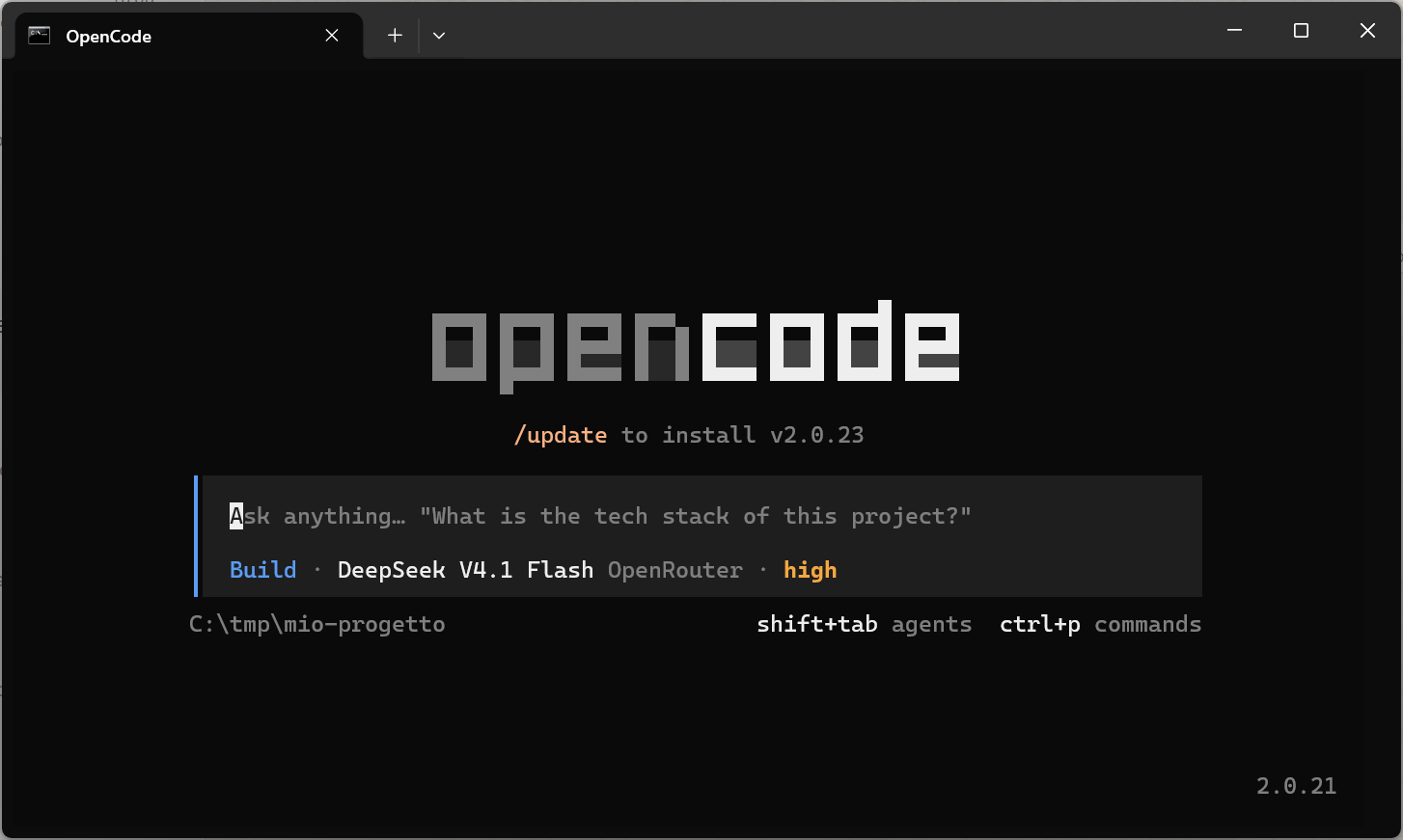 Guida a Claude Code in italiano v6.1 1 Schermata iniziale di OpenCode nel terminale, uno degli agenti di coding confrontati con Claude Code nel capitolo 16 della guida