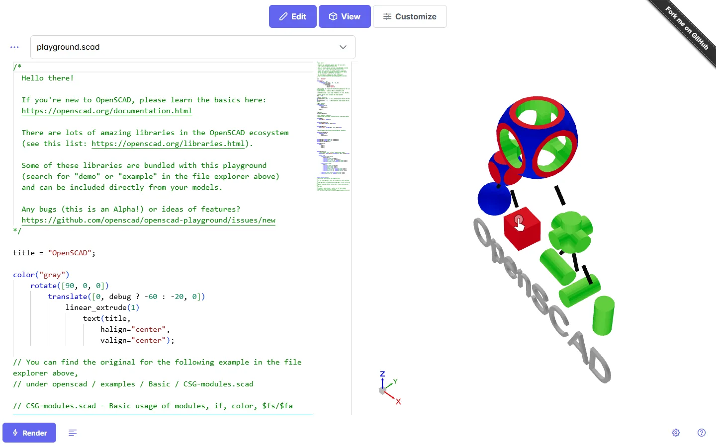 OpenSCAD Playground nel browser con il codice di esempio a sinistra e il modello 3D renderizzato a destra