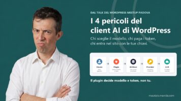 Maurizio Pelizzone a mezzo busto con le braccia incrociate e l'espressione contrariata accanto al titolo «I 4 pericoli del client AI di WordPress» e alla catena Utente, Plugin, AI Client, Provider, LLM