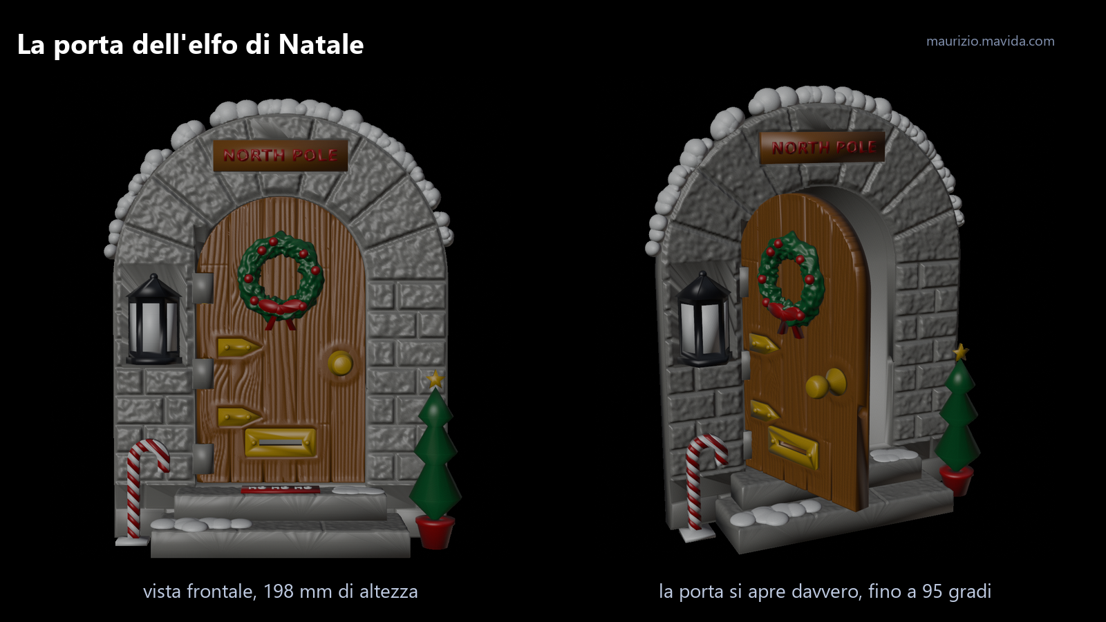 Generare oggetti 3D con Blender MCP 5 Porta dell'elfo di Natale per la stampa 3D creata con Blender MCP: vista frontale e porta aperta con lanterna, ghirlanda, neve e abete