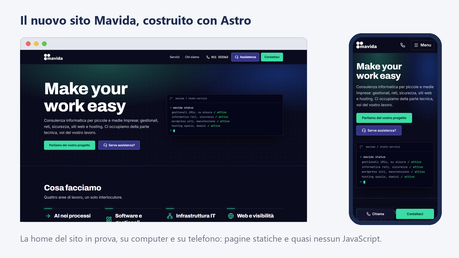Astro per i siti dei clienti, senza dire addio a WordPress 1 Astro e WordPress in casa Mavida: la home del nuovo sito realizzato con Astro in build statica, su computer e su telefono