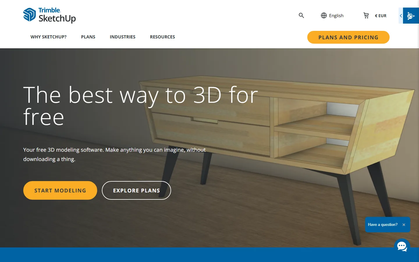 Pagina ufficiale di SketchUp Free, il programma di modellazione 3D gratuito che si usa nel browser