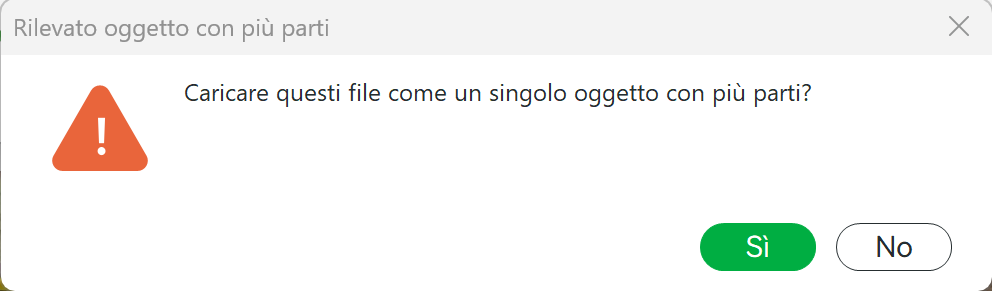 Bambu Studio chiede se caricare logo e corpo come un singolo oggetto con più parti