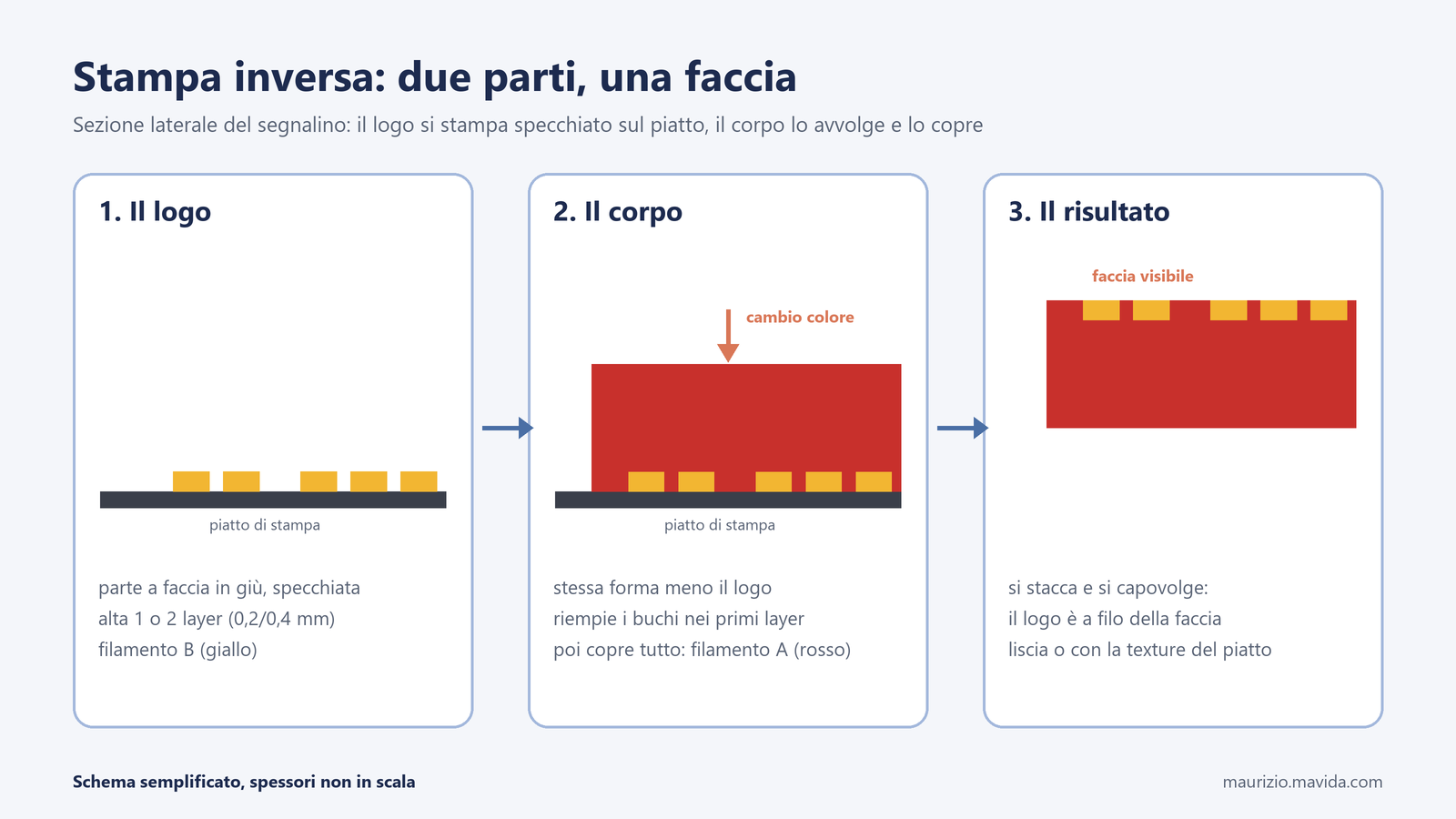 Schema della stampa inversa 3D: logo specchiato sul piatto, corpo che lo avvolge e risultato capovolto con il logo a filo