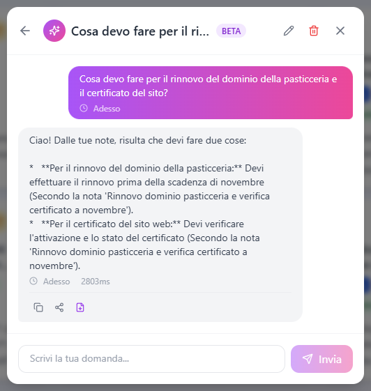 La chat AI Magic di Voice Notes che risponde a una domanda sulle note vocali citando la nota di origine