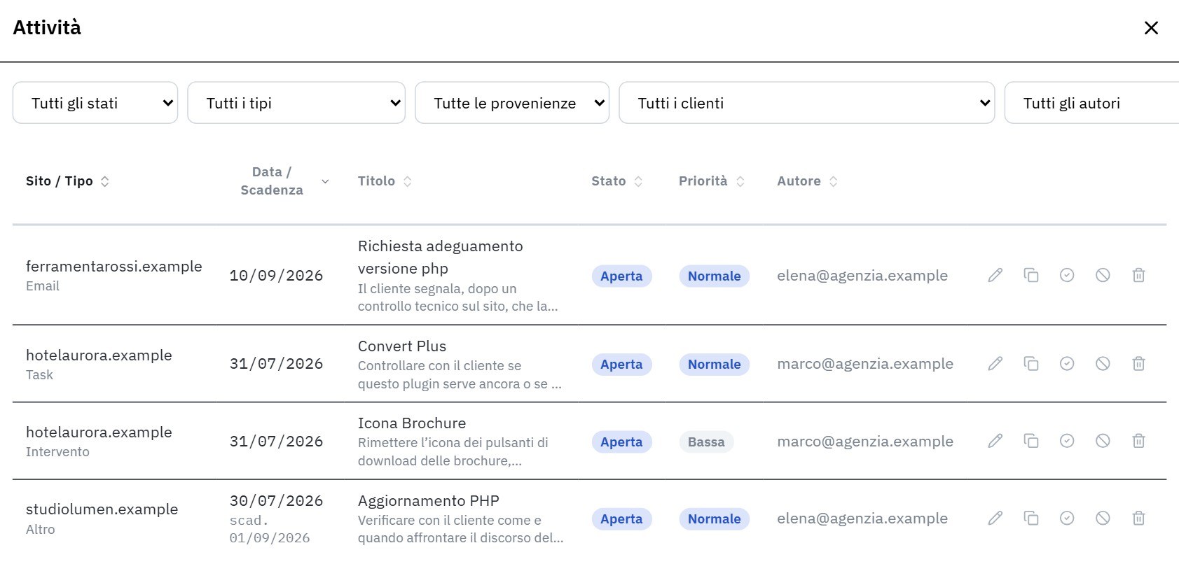 L'elenco delle attività di Fleet, dove arrivano le note vocali inviate da Voice Notes, con filtri per stato, tipo, provenienza e cliente