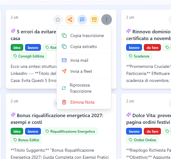 Il menu di una nota vocale in Voice Notes con copia, invio per email, invio a Fleet, riprocessa ed elimina